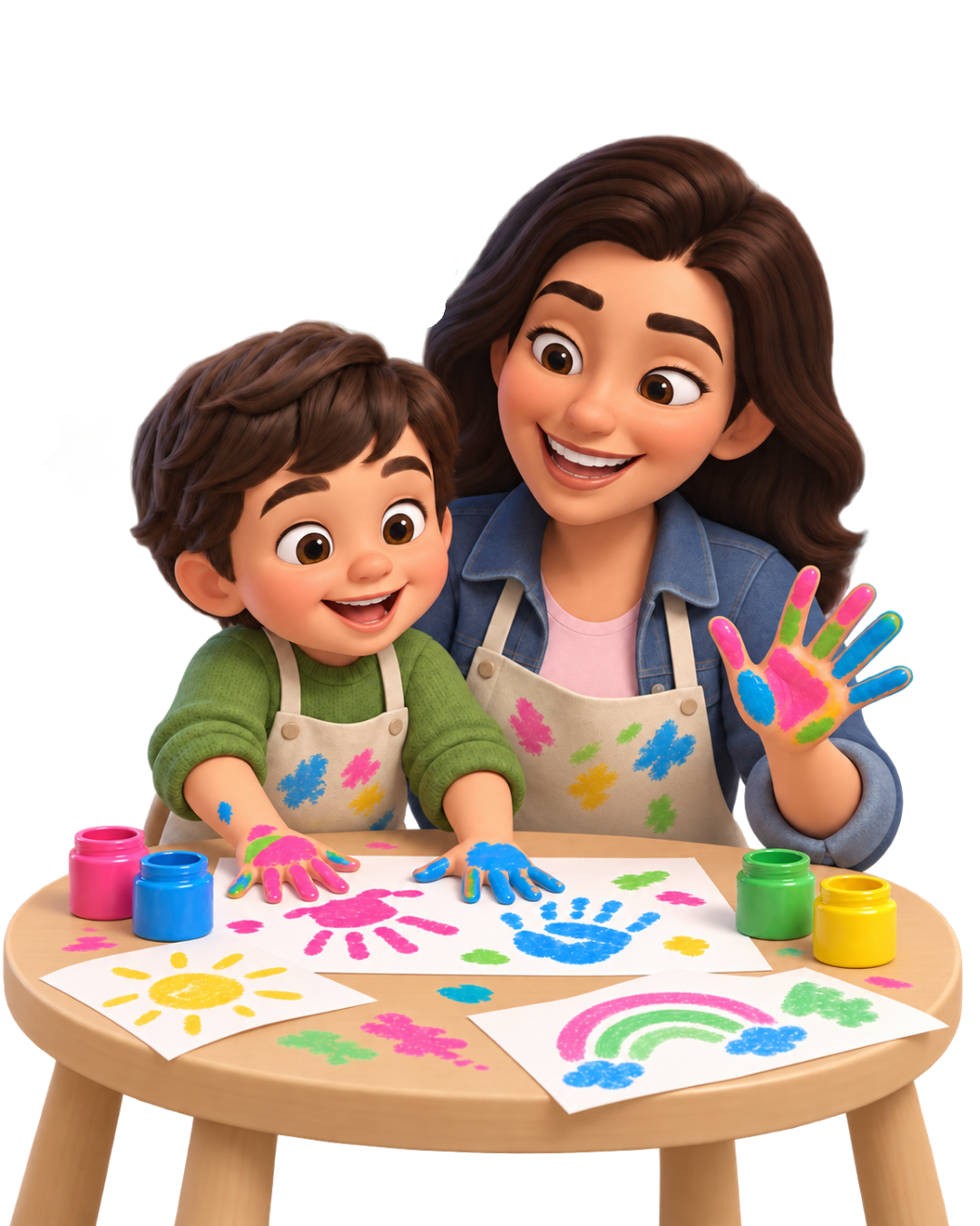 Una mamá y su hijo pequeño pintando juntos con las manos, entre botes de pintura y dibujos